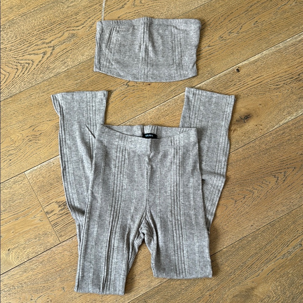 Ribbed Knit High-Waist Leggings and Bandeau Set - Muave/Brown